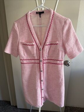 Maje Pink Tweed Short-Sleeve Button Front Dress with Contrast Trim